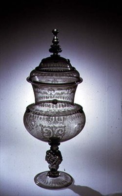 Venetian Style Goblet with Cover, Diamond Point Engraving and Gilding by Austrian School